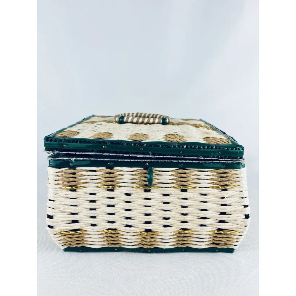 Vintage Wicker Sewing Basket / Music Box & Satin Lining Thread Supplies Works!